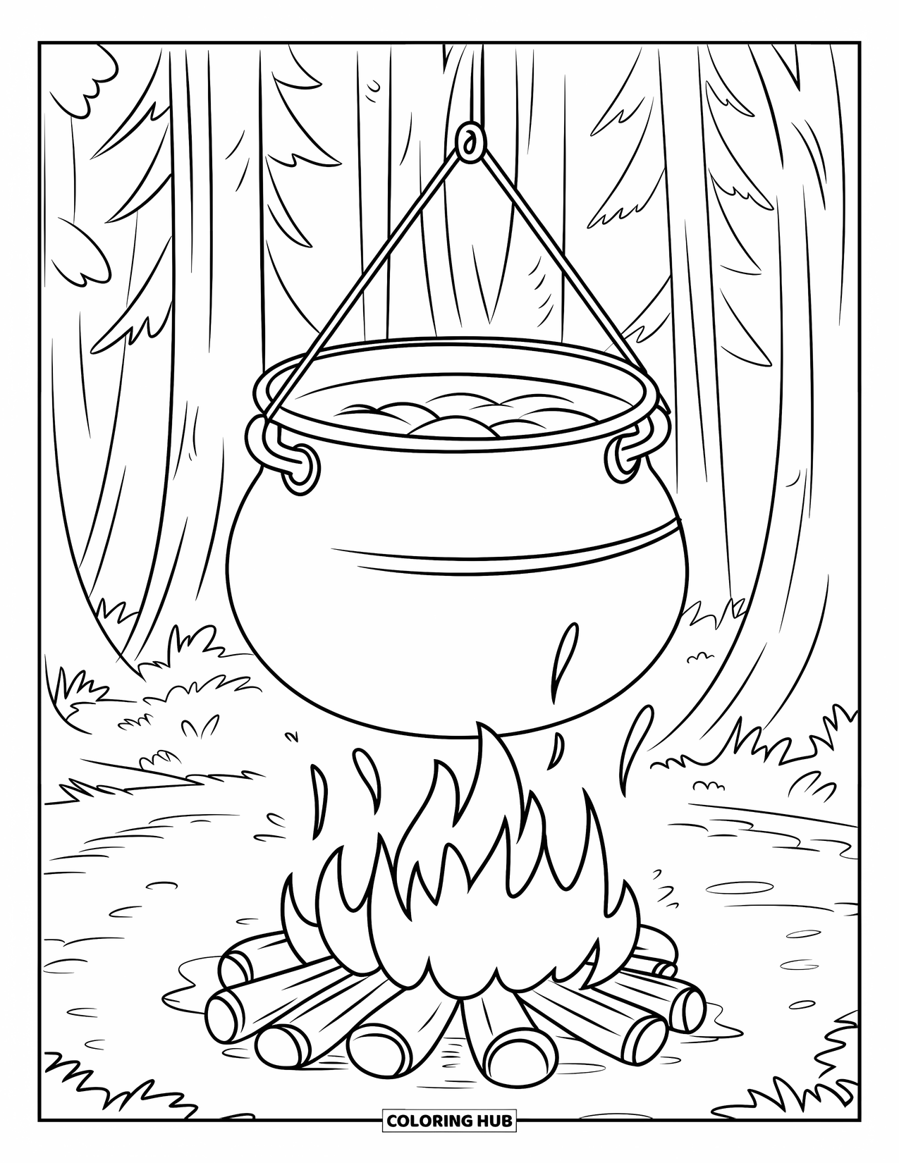 Campfire Coloring Page for Kids: A large pot steaming over a rustic campfire, filling the air with warmth