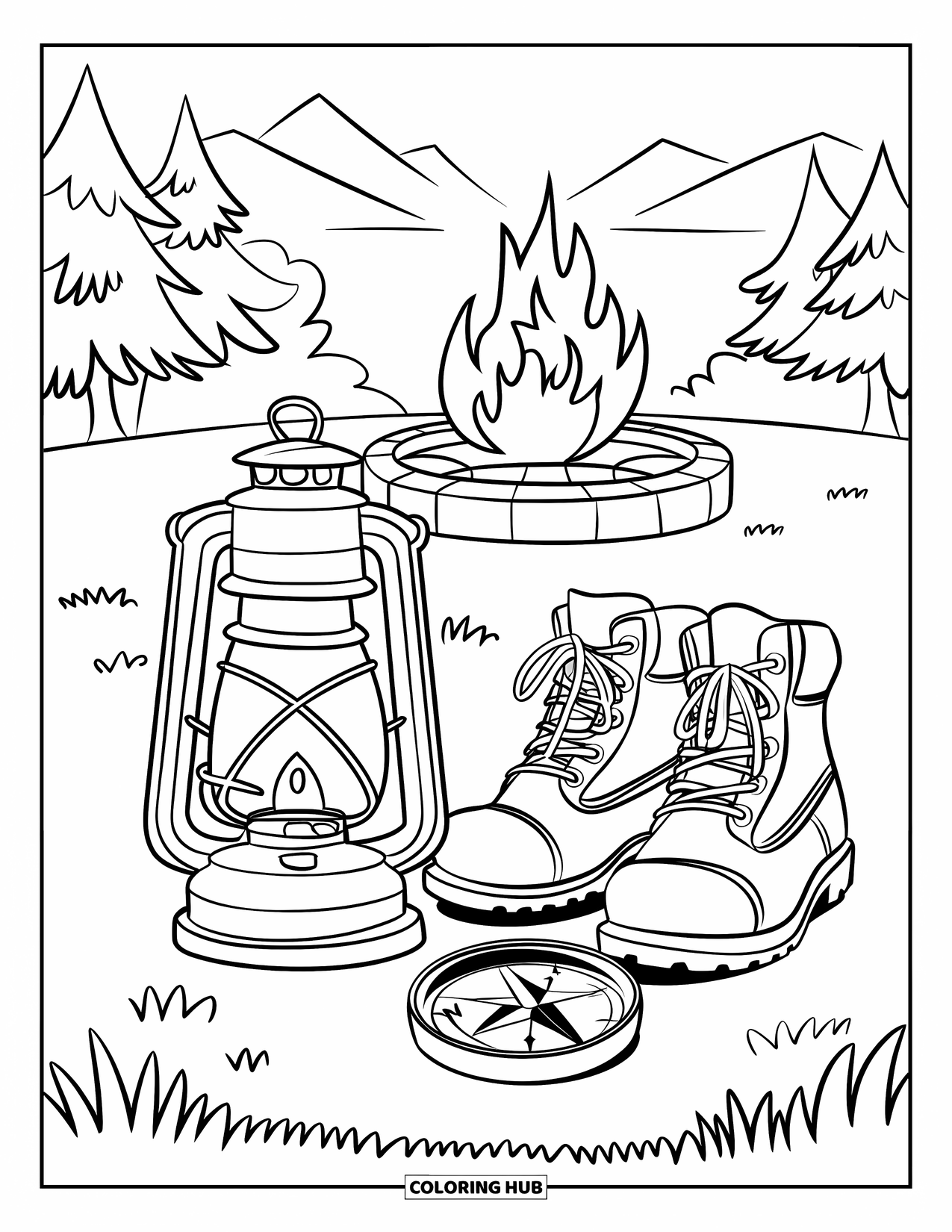 Campfire Coloring Page for Kids: A peaceful campsite scene with a lantern and gear resting near a warm fire