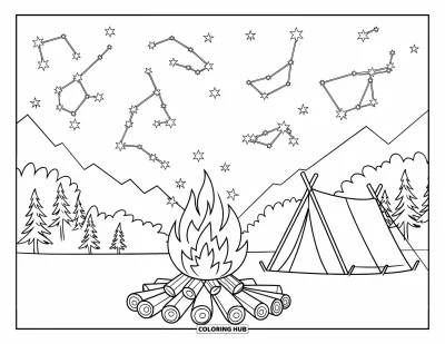 Lagerfeuer-Ausmalbild für Kinder: Ein friedlicher Zeltplatz unter einem weiten Himmel voller funkelnder Sterne und Sternbilder