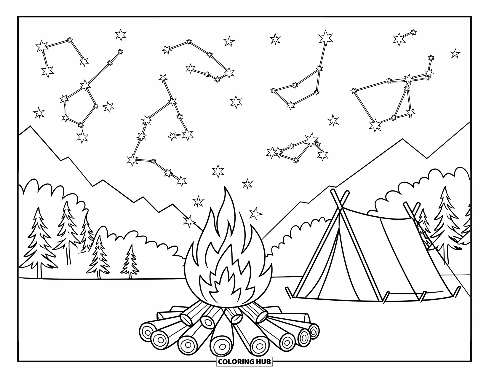 Campfire Coloring Page for Kids: A peaceful campsite under a vast sky dotted with shimmering stars and constellations