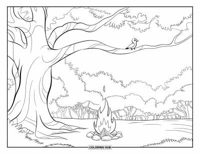 Lagerfeuer-Ausmalbild für Kinder: Ein friedlicher Zeltplatz unter einem alten Baum mit einem kleinen Vogel auf einem Ast