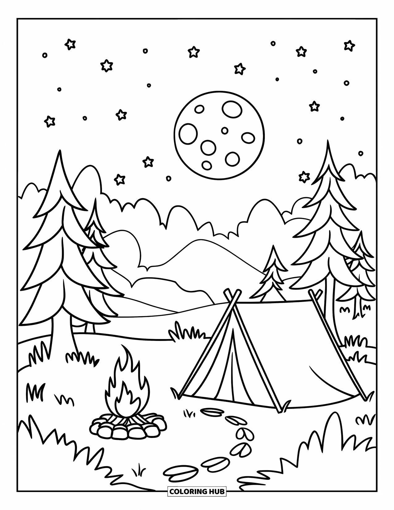 Campfire Coloring Page for Kids: A peaceful campsite with a glowing fire beneath a vast, starry night sky