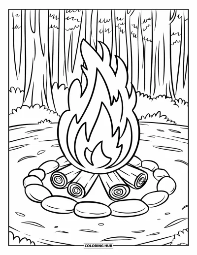 Lagerfeuer-Ausmalbild für Kinder: Ein ruhiges Feuer knistert zwischen Holzscheiten und wirft Licht über den stillen Zeltplatz