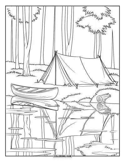Lagerfeuer-Ausmalbild für Kinder: Eine ruhige Camping-Szene am See mit Zelt, Kanu und Spiegelungen im Wasser