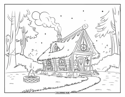 Lagerfeuer-Ausmalbild für Kinder: Eine friedliche Blockhütte mit geschwungenem Pfad, warmer Feuerstelle und hohen Bäumen