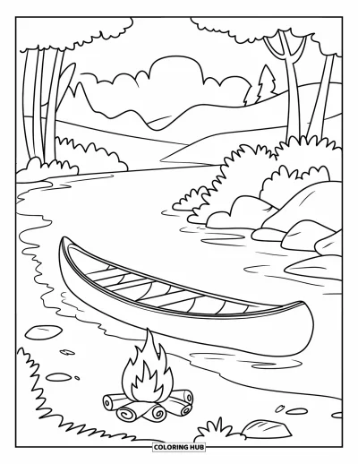 Lagerfeuer-Ausmalbild für Kinder: Ein ruhiger Zeltplatz am Fluss mit Kanu, Feuerstelle und Waldkulisse