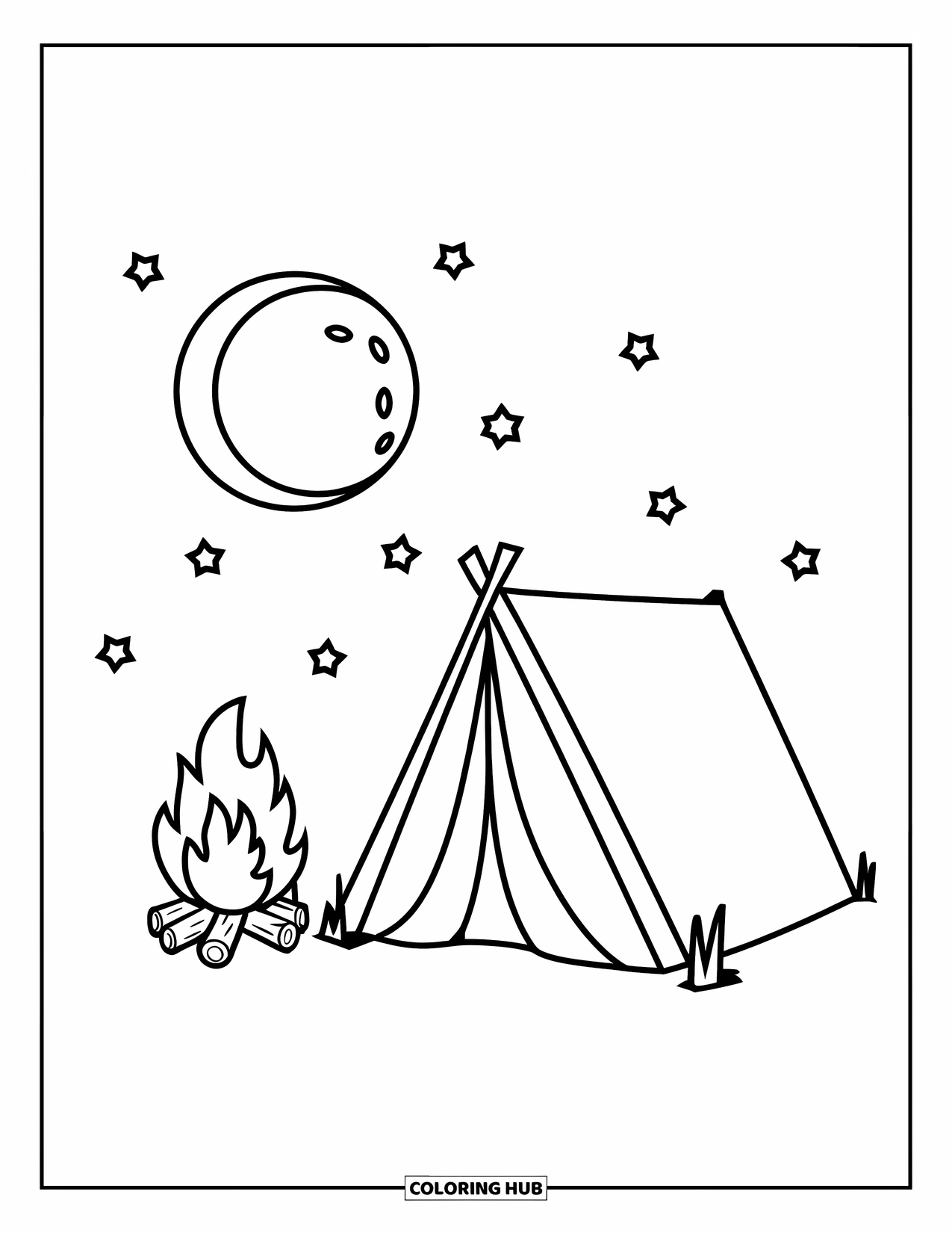 Campfire Coloring Page for Kids: A peaceful tent by the fire, under a night sky filled with stars