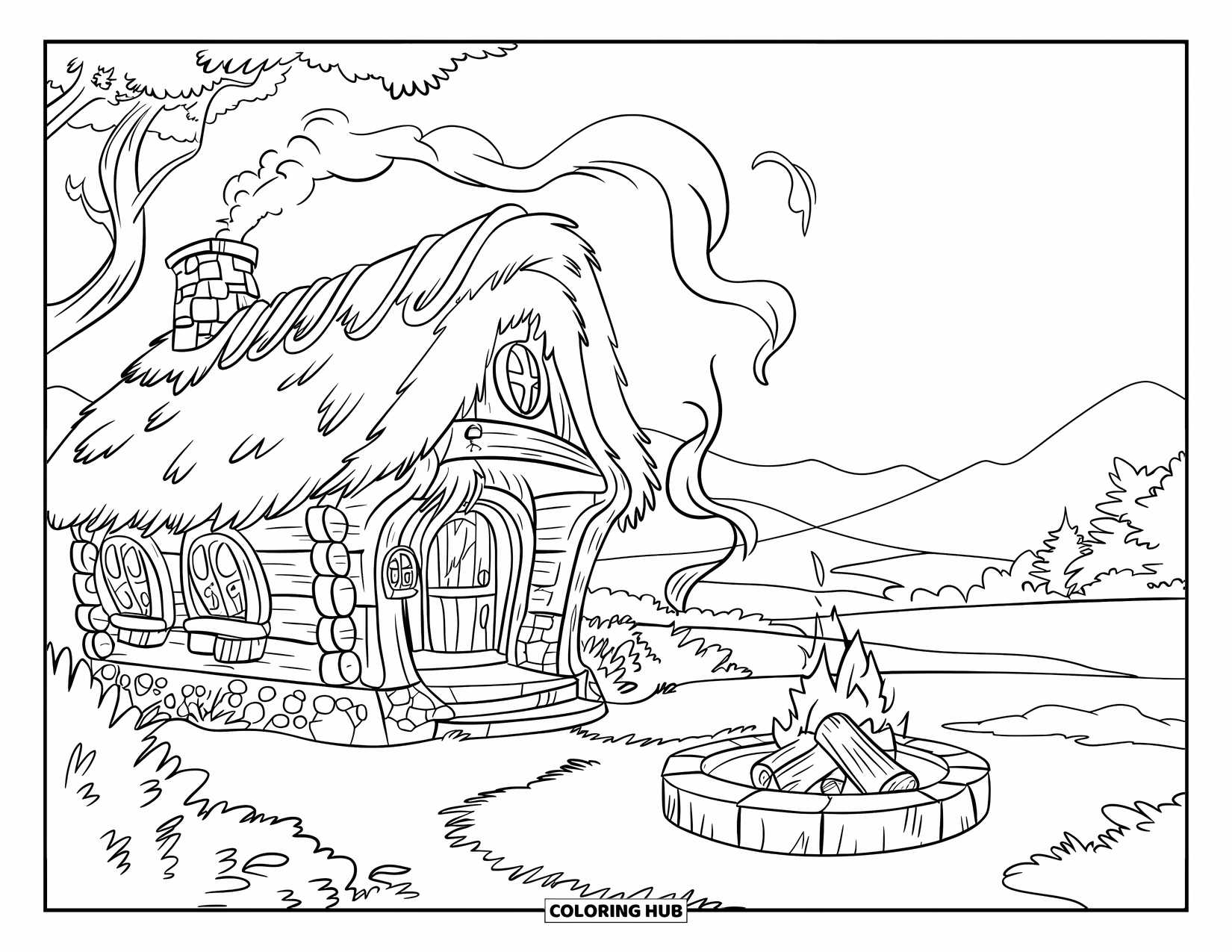 Campfire Coloring Page for Kids: A rustic cabin with a thatched roof, surrounded by trees and a mountain backdrop