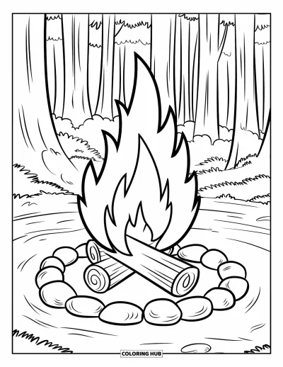 Lagerfeuer-Ausmalbild für Kinder: Ein einfaches Lagerfeuer mit drei Holzscheiten und einer flackernden Flamme in der Mitte