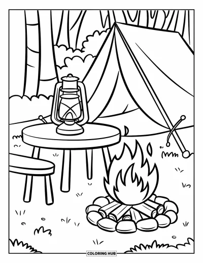 Lagerfeuer-Ausmalbild für Kinder: Ein einfacher Campingtisch mit Laterne neben einem knisternden Feuer
