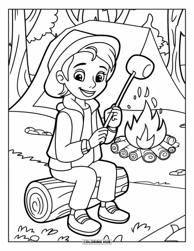 Lagerfeuer-Ausmalbild für Kinder: Ein lächelnder Camper sitzt am Feuer und hält einen Stock mit einem röstenden Marshmallow