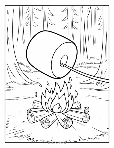 Lagerfeuer-Ausmalbild für Kinder: Ein weicher Marshmallow röstet über einem warmen Feuer, umgeben von Campingausrüstung