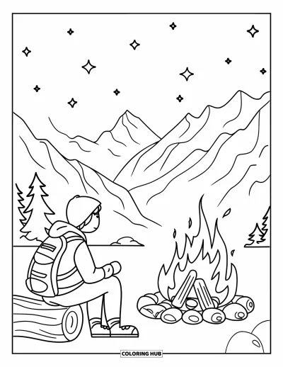Lagerfeuer-Ausmalbild für Kinder: Ein einzelner Camper am Feuer, umgeben von hohen Bergen und glitzernden Sternen