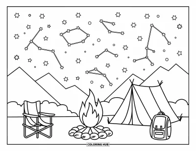 Lagerfeuer-Ausmalbild für Kinder: Ein sternenklarer Nachthimmel voller Sternbilder über einem leuchtenden Lagerfeuer