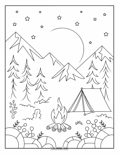 Lagerfeuer-Ausmalbild für Kinder: Ein Zelt, ein Lagerfeuer und ein Vollmond beleuchten eine ruhige Waldszene
