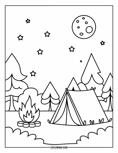 Lagerfeuer-Ausmalbild für Kinder: Ein Zelt neben einem Lagerfeuer unter hellem Mond und verstreuten Sternen