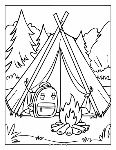 Lagerfeuer-Ausmalbild für Kinder: Ein dreieckiges Zelt steht neben einem Feuer, mit einem Rucksack am Eingang