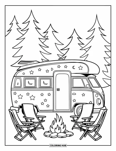 Lagerfeuer-Ausmalbild für Kinder: Ein Vintage-Campervan unter hohen Kiefern mit einem warm leuchtenden Lagerfeuer