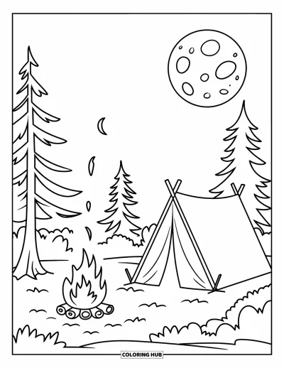 Lagerfeuer-Ausmalbild für Kinder: Ein warmes Lagerfeuer unter den Sternen, mit einem Zelt zwischen hohen Bäumen