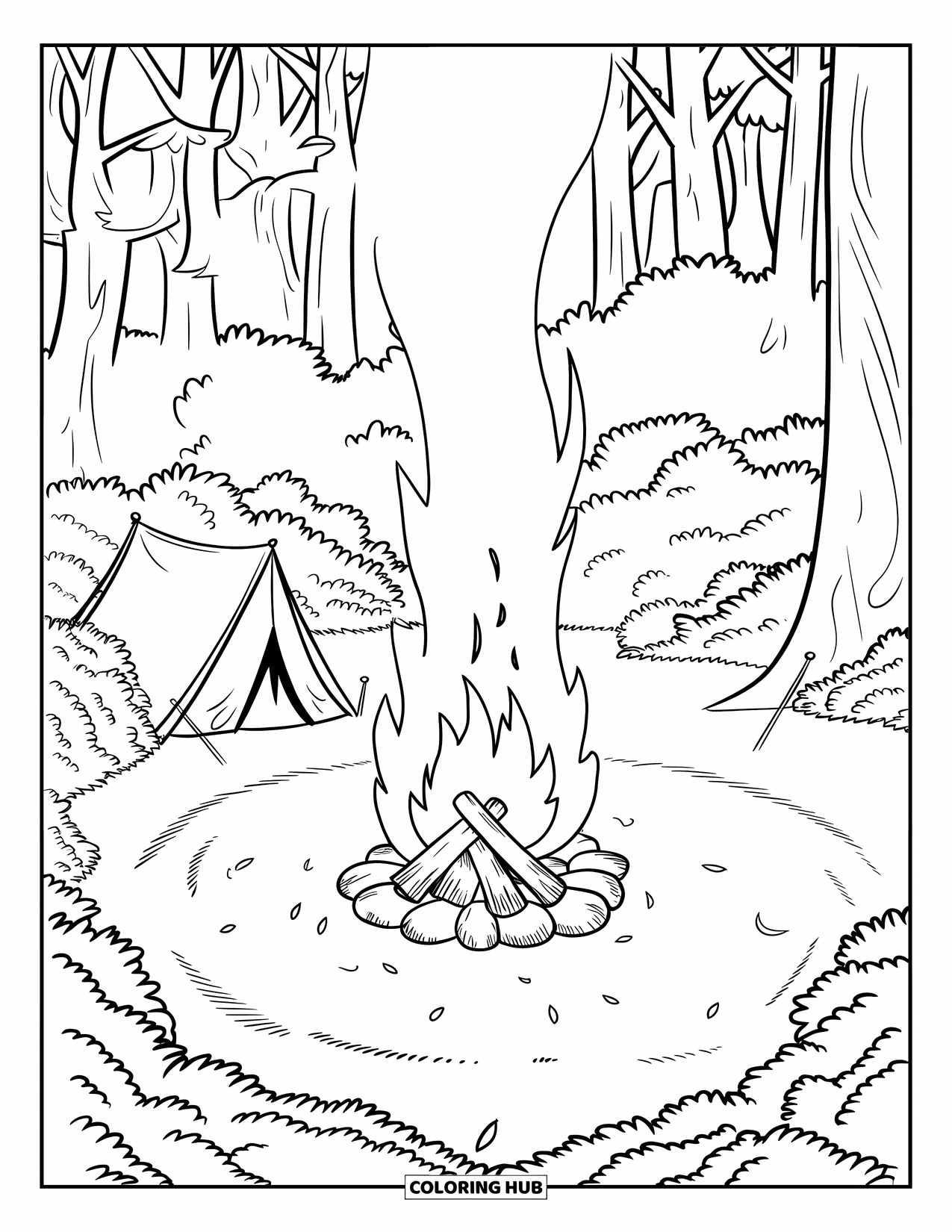 Campfire Coloring Page for Kids: A warm fire crackles in a hidden woodland campsite surrounded by towering trees