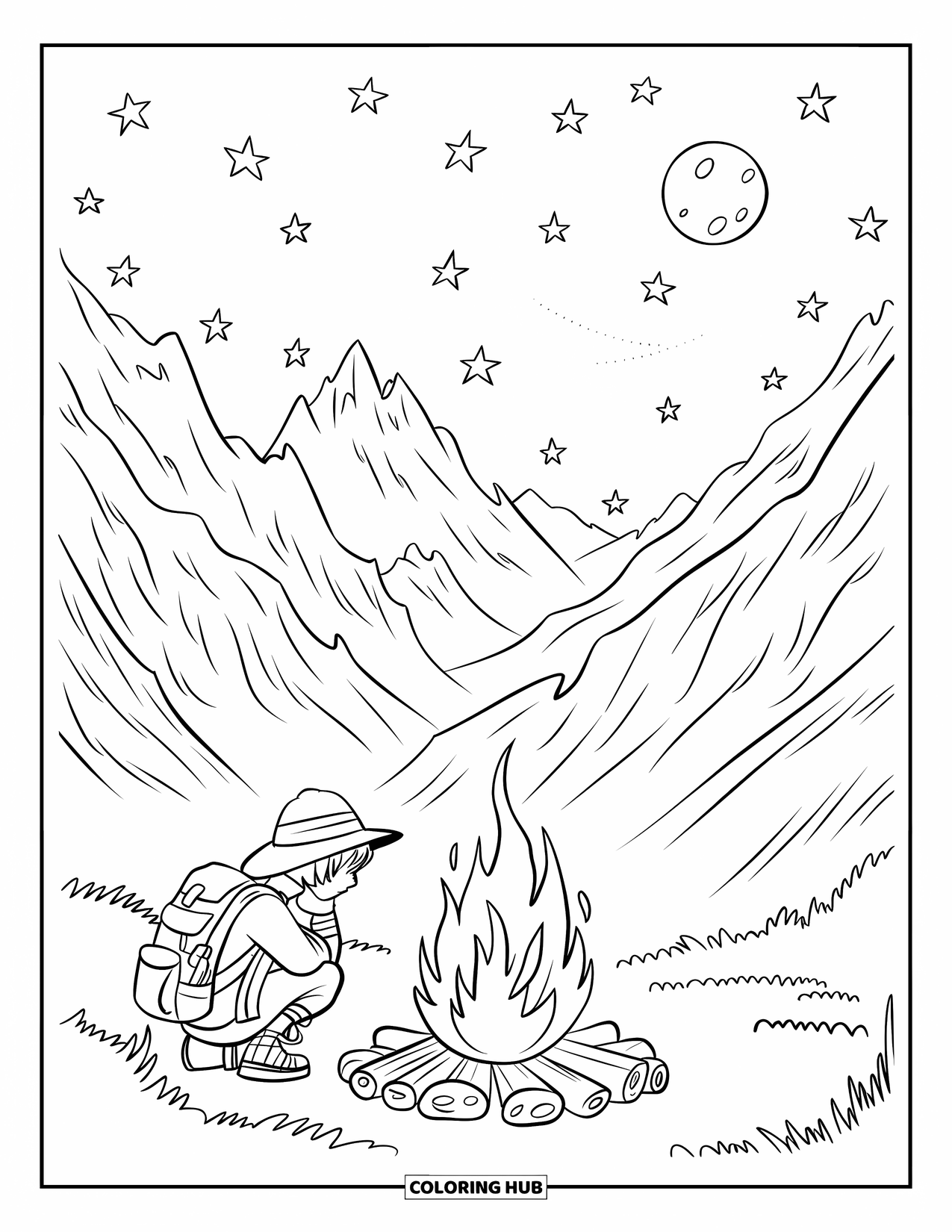 Campfire Coloring Page for Kids: A weary traveler warms up by a fire, with snow-capped peaks in the background