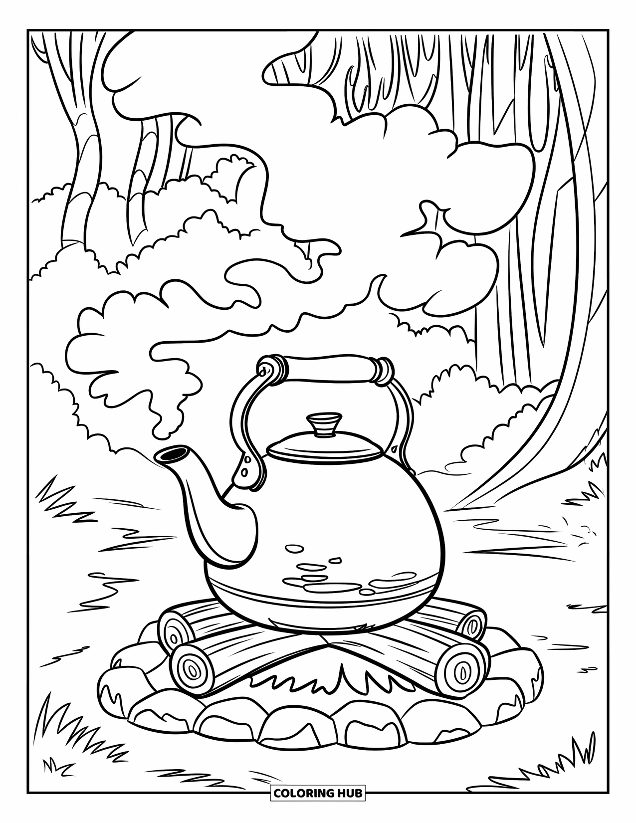 Campfire Coloring Page for Kids: A whistling kettle hanging over a fire, steam curling into the night air