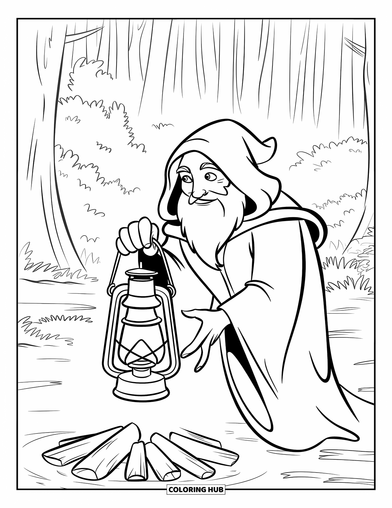 Campfire Coloring Page for Kids: A wise, bearded figure with a lantern stands by a fire, surrounded by misty trees