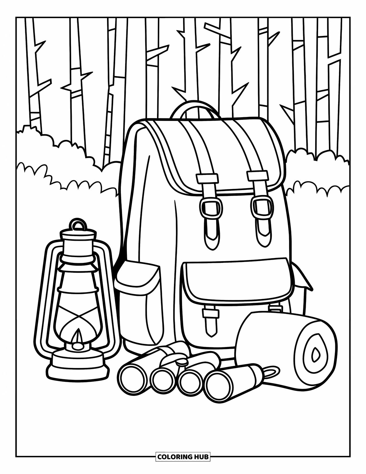 Camping Coloring Page for Adults: A backpack, lantern, and binoculars placed near a tent in a quiet forest setting