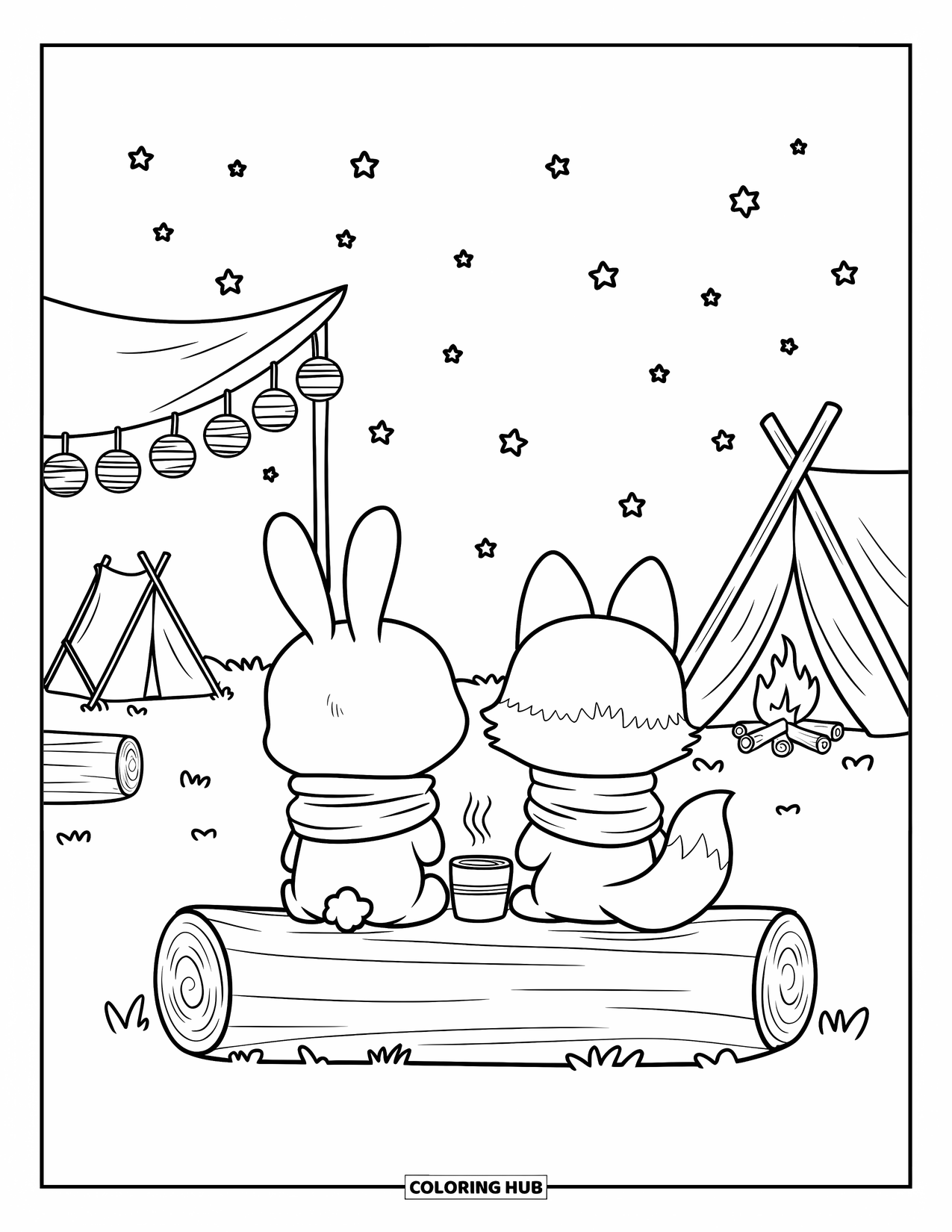 Camping Coloring Page for Adults: A bunny and fox sitting on a log, wrapped in scarves, sipping hot cocoa