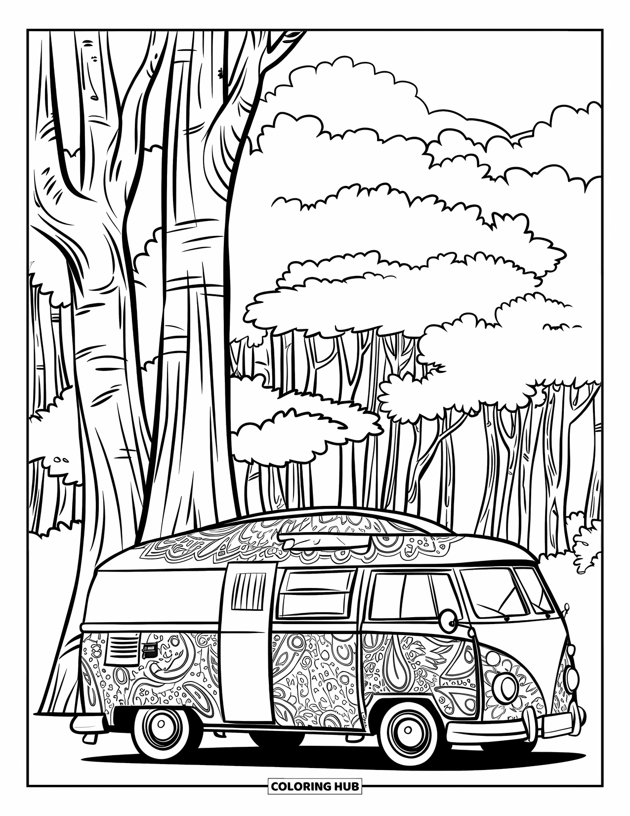 Camping Coloring Page for Adults: A camper van with bold designs, parked in a forest with textured trees and clouds