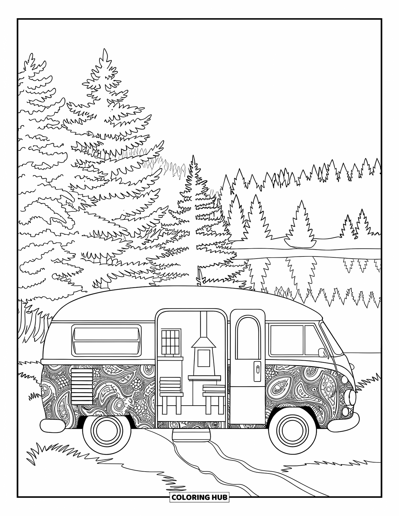 Camping Coloring Page for Adults: A camper van with intricate patterns, parked near a quiet lake and tall trees
