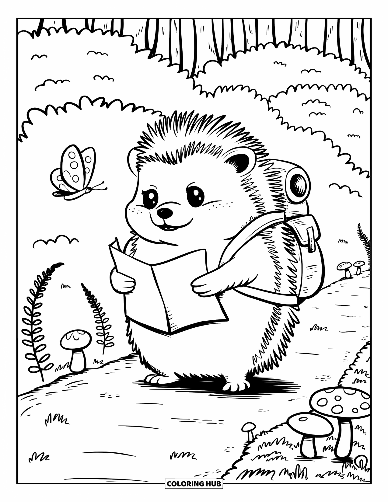 Camping Coloring Page for Adults: A chubby hedgehog holding a map, standing on a path among ferns and mushrooms
