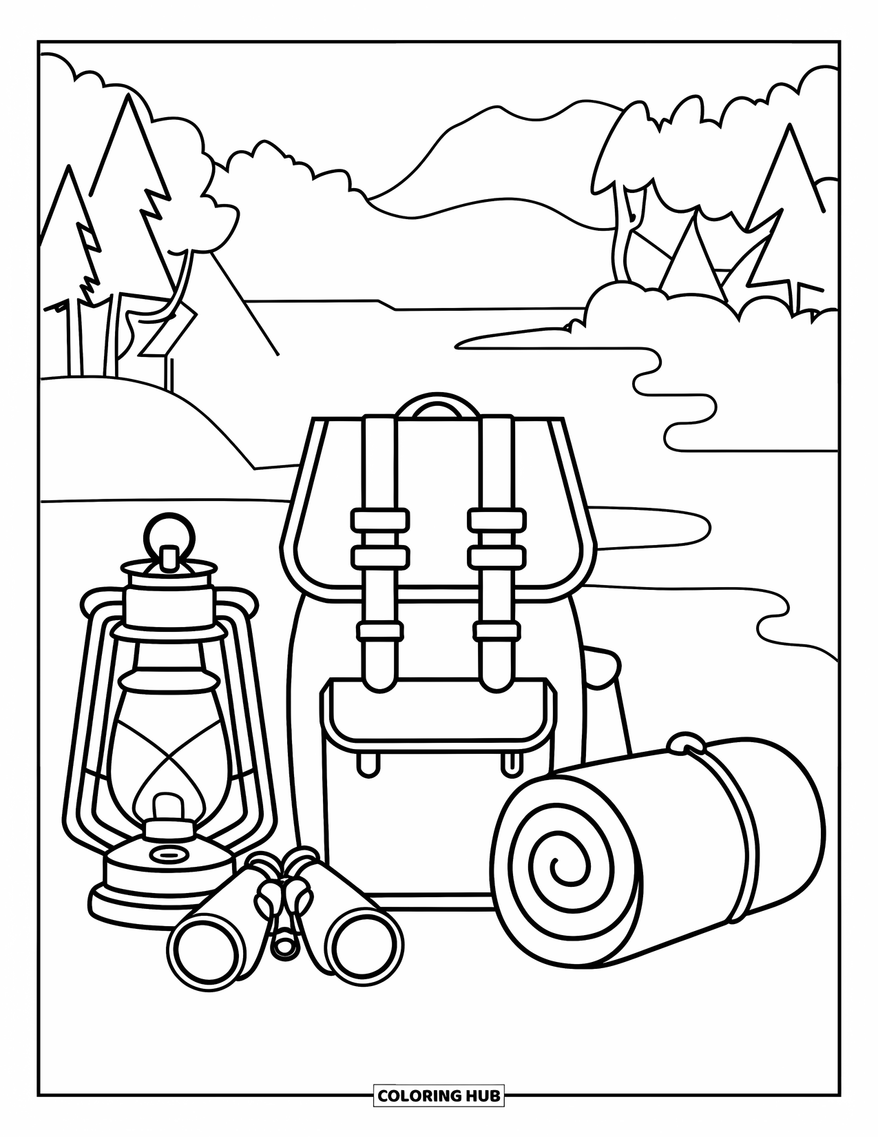 Camping Coloring Page for Adults: A collection of camping gear, including a lantern, backpack, and binoculars, arranged neatly