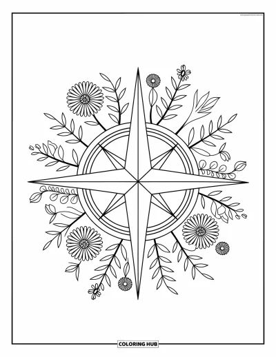 Camping Coloring Page for Adults: A compass surrounded by wildflowers and leaves, designed with intricate patterns