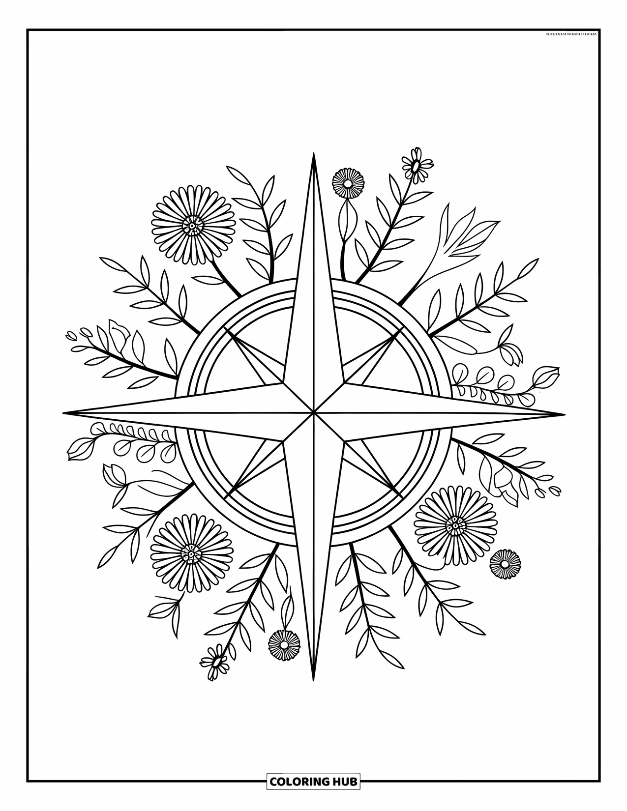 Camping Coloring Page for Adults: A compass surrounded by wildflowers and leaves, designed with intricate patterns