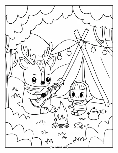 Camping Coloring Page for Adults: A cozy campsite scene with a deer playing music, lanterns glowing overhead