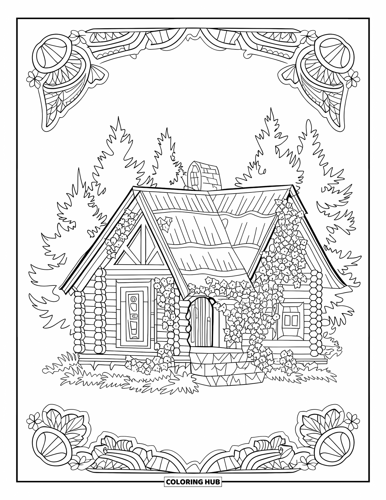 Camping Coloring Page for Adults: A cozy log cabin surrounded by detailed pine trees, with a thatched roof and porch
