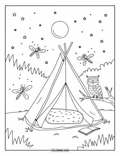 Camping Coloring Page for Adults: A cozy tent in a quiet clearing, glowing softly with fireflies buzzing around