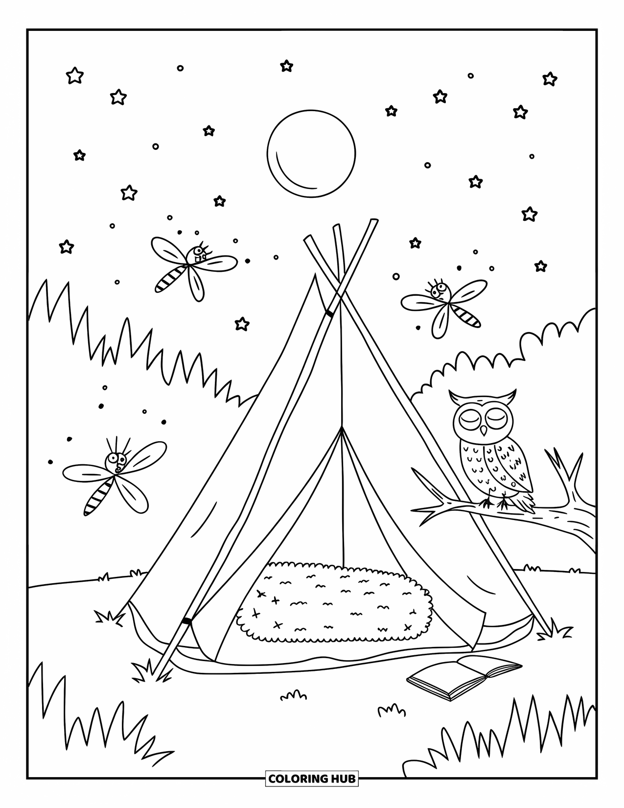 Camping Coloring Page for Adults: A cozy tent in a quiet clearing, glowing softly with fireflies buzzing around