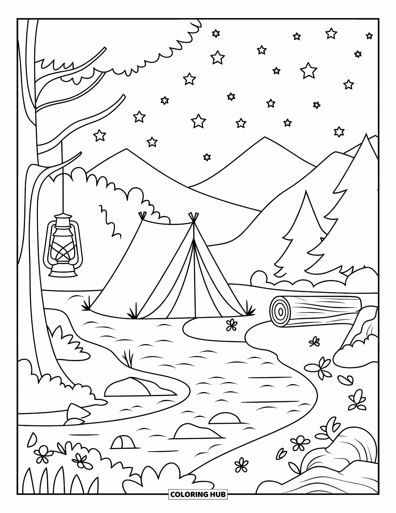 Camping Coloring Page for Adults: A cozy tent near a river, with a lantern hanging from a tree and fireflies around