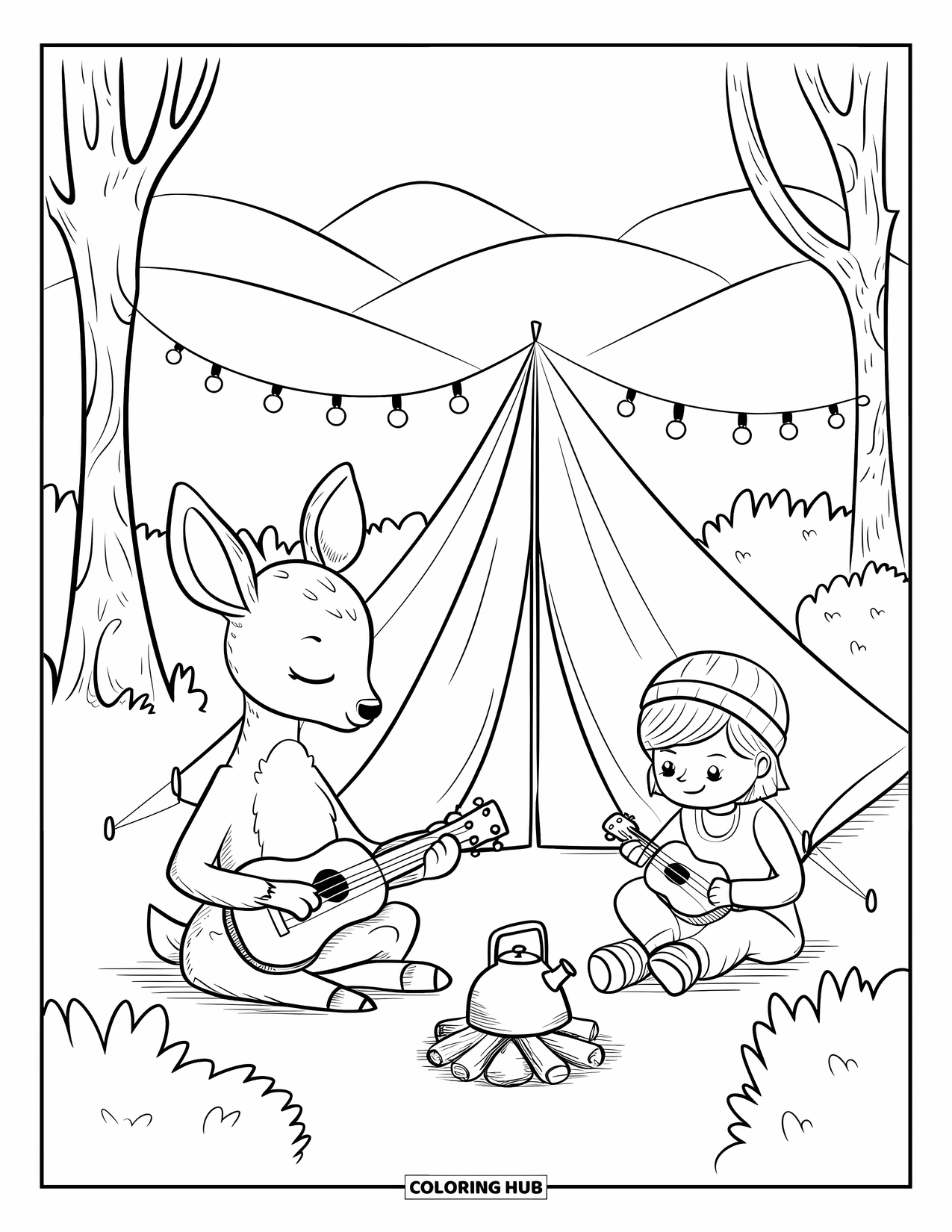 Camping Coloring Page for Adults: A deer playing a ukulele by a tent, with a camper and a campfire nearby