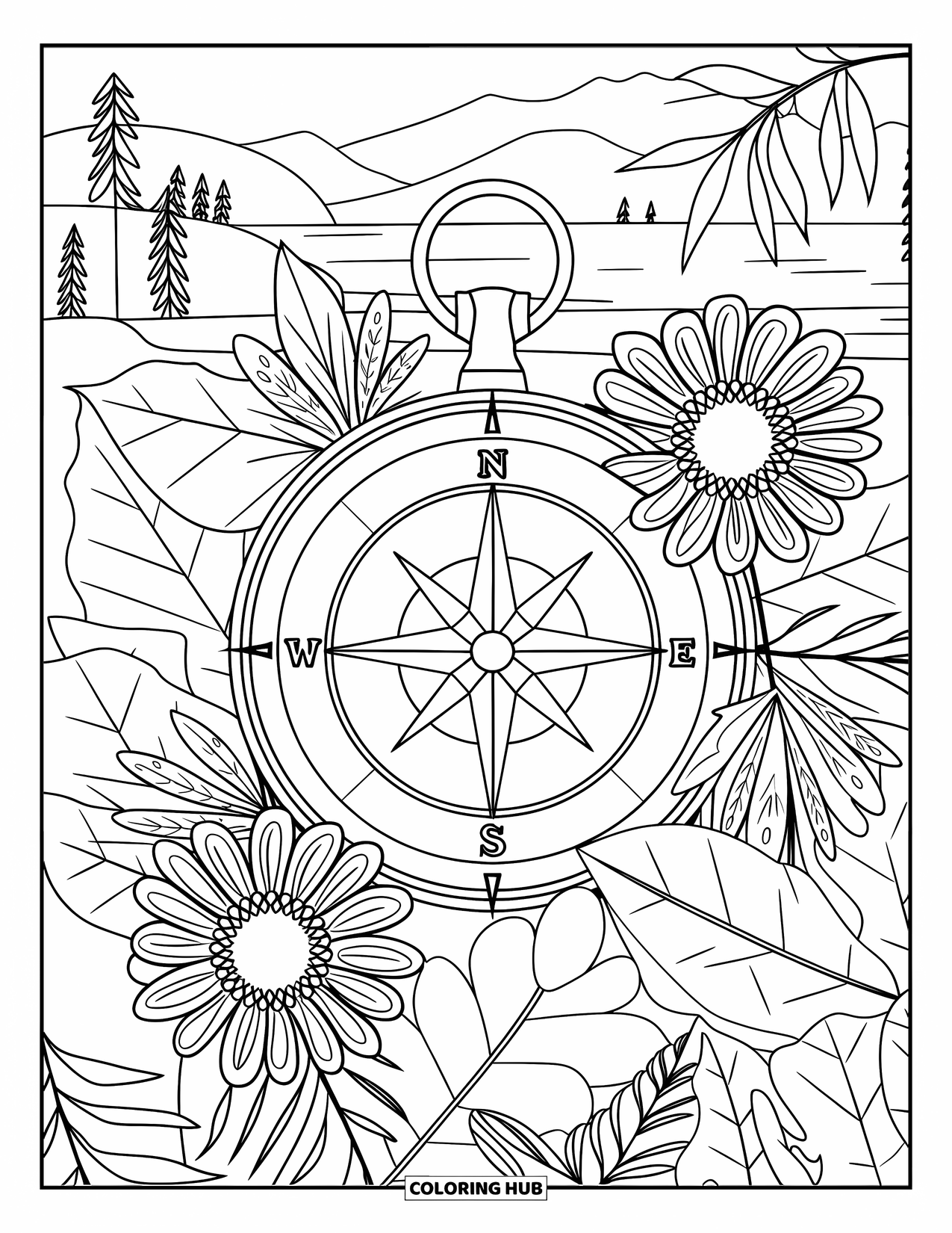 Camping Coloring Page for Adults: A detailed compass with a North star, framed by wildflowers and textured leaves