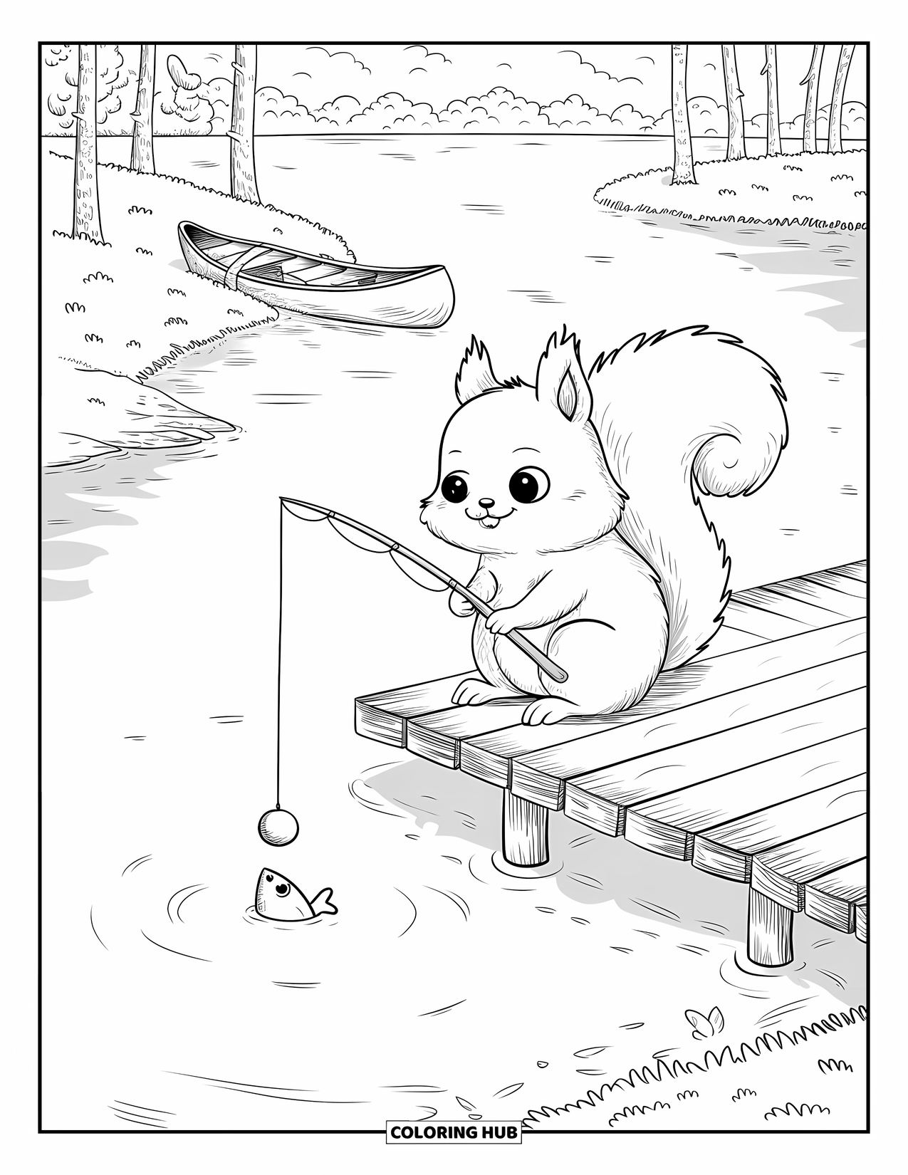 Camping Coloring Page for Adults: A fishing squirrel on a wooden dock, watching a fish jump in the lake