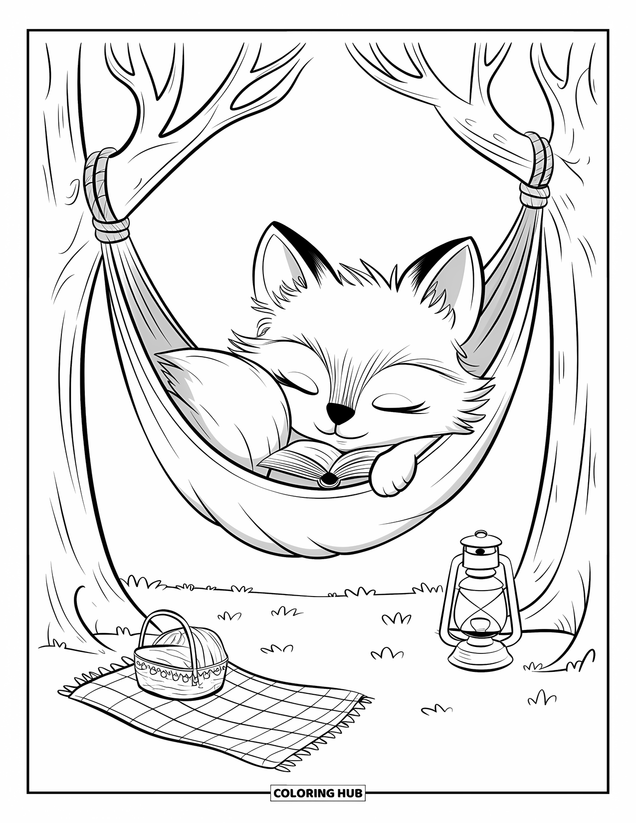 Camping Coloring Page for Adults: A fluffy fox napping in a hammock, a book resting on its belly