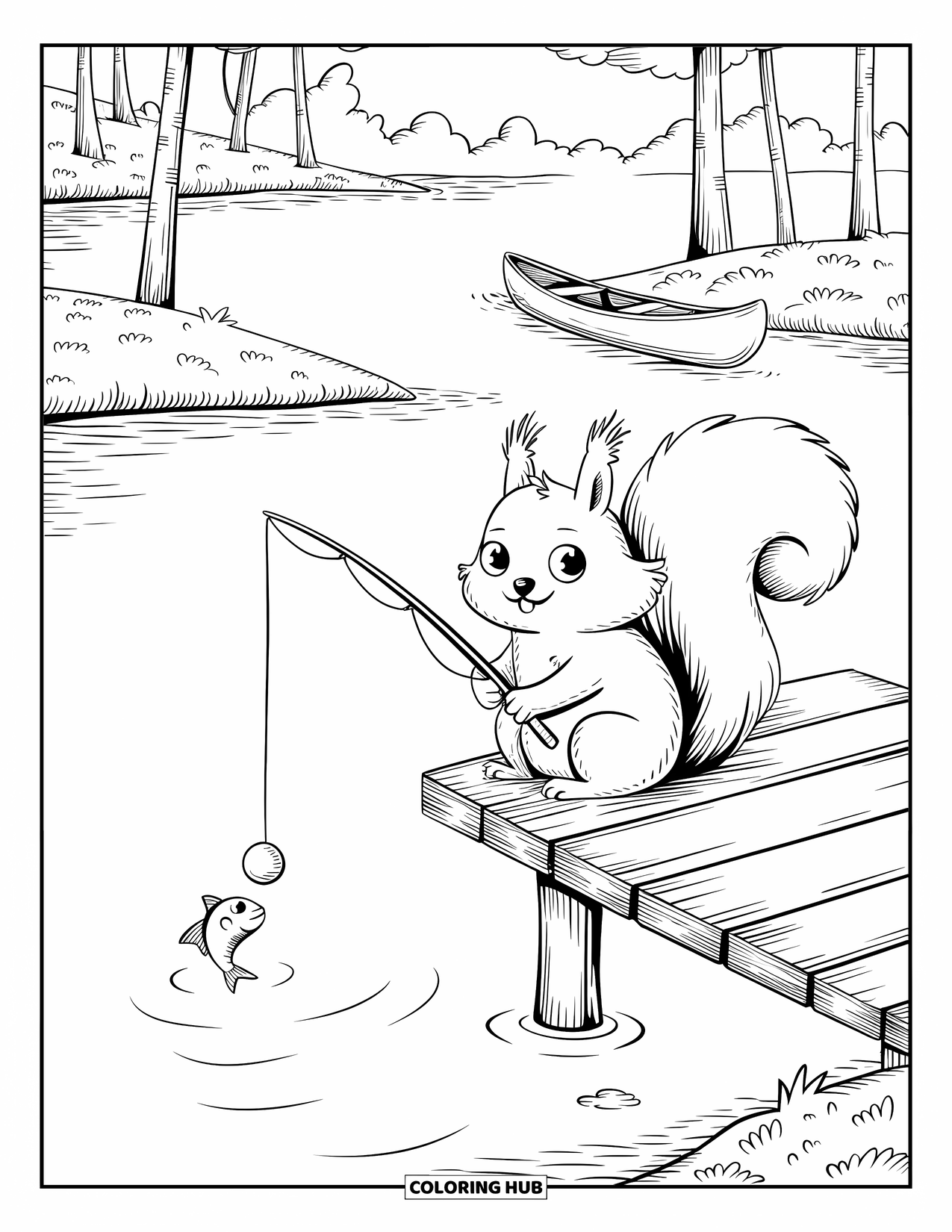 Camping Coloring Page for Adults: A fluffy squirrel fishing from a dock, as a curious fish peeks from the water