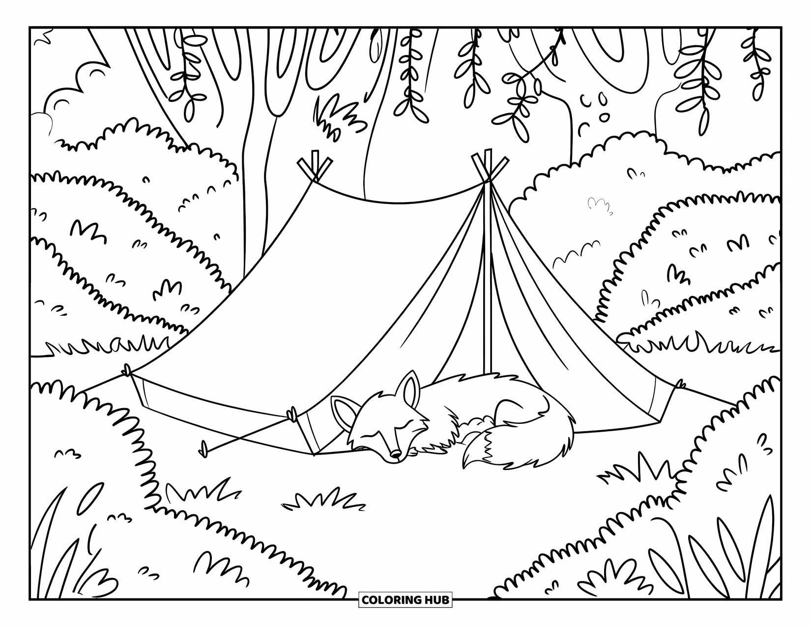 Camping Coloring Page for Adults: A fox curls up near a tent in a quiet forest, hidden among leaves and branches