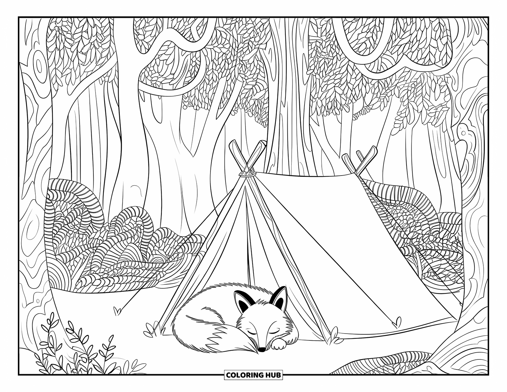 Camping Coloring Page for Adults: A fox dozes peacefully near a tent, with a rope pulley and patterned forest canopy