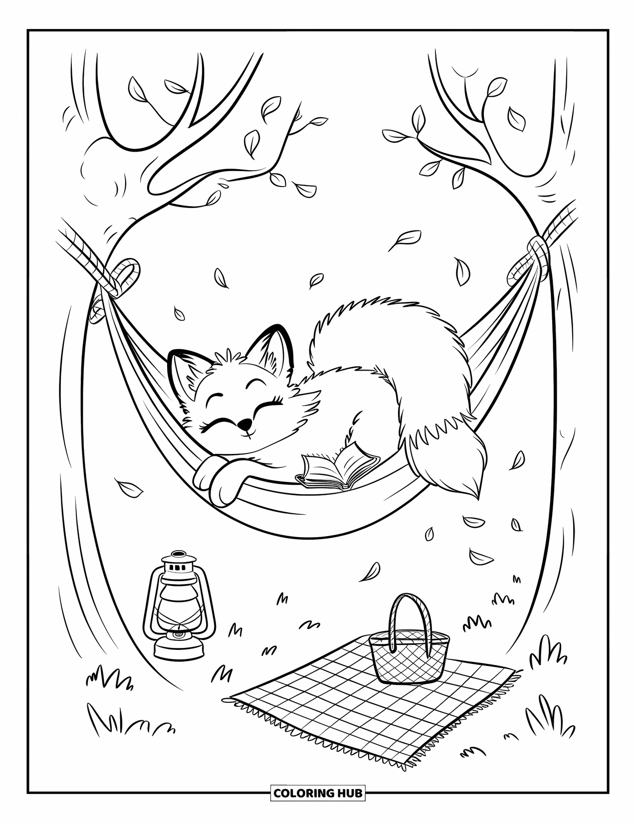 Camping Coloring Page for Adults: A fox napping with a book in a hammock, surrounded by a peaceful forest