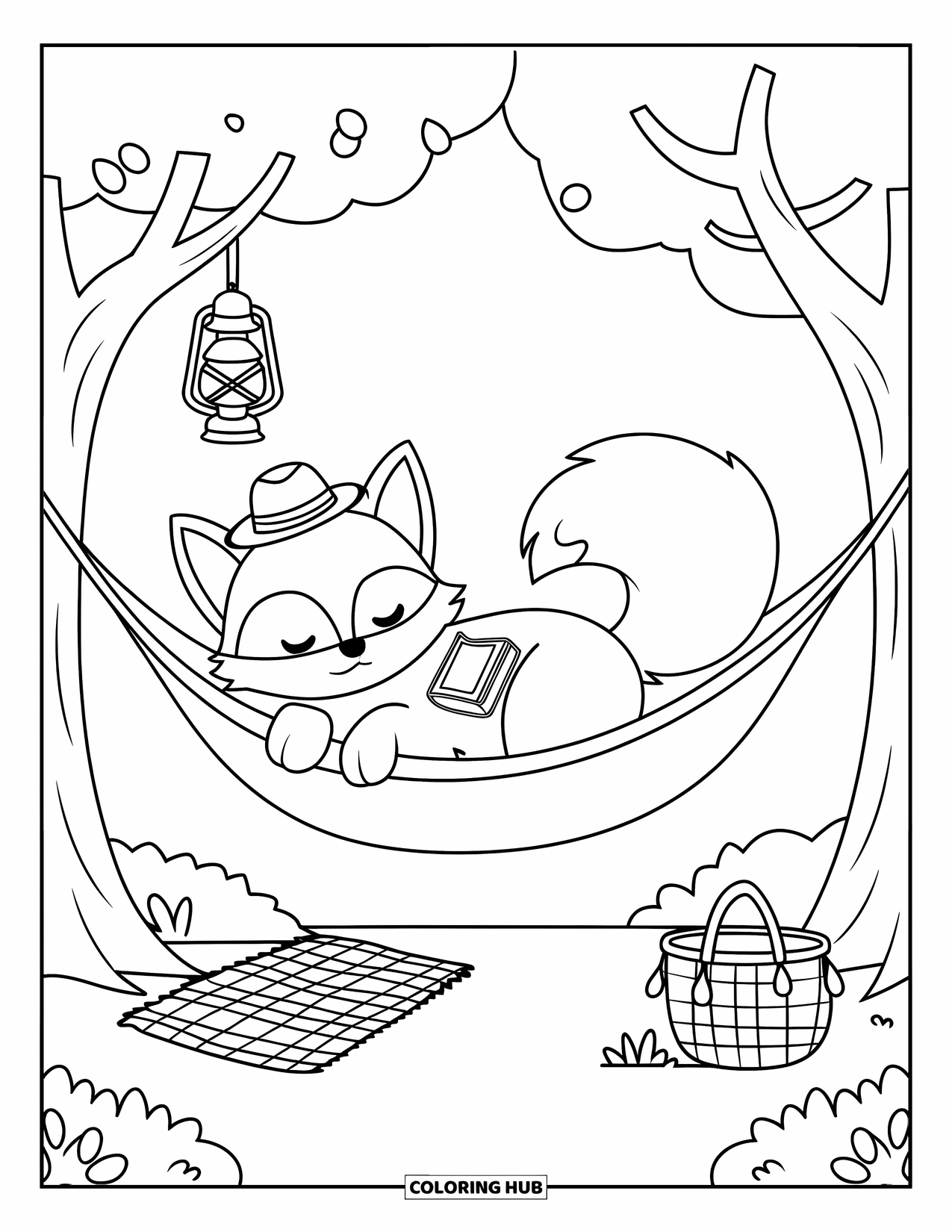 Camping Coloring Page for Adults: A fox snoozing in a swinging hammock, with a picnic basket below