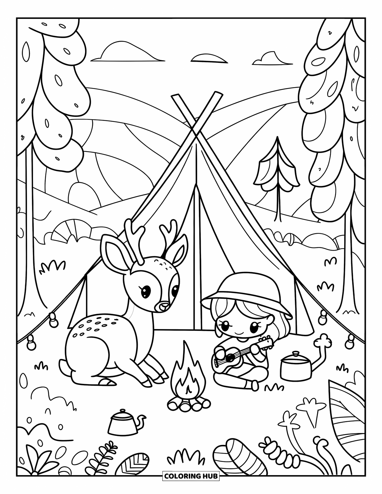 Camping Coloring Page for Adults: A gentle deer strumming a ukulele at a campsite, with string lights above